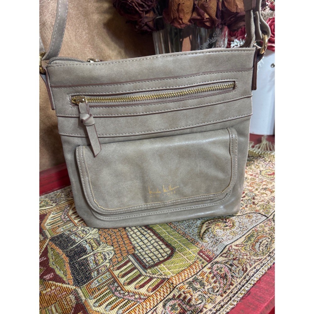 Nicole Miller New York Taupe Faux Leather Crossbody Bag With Front Pocket Zipper